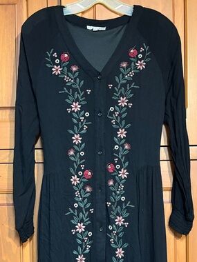 Baltic Born Black Maxi Dress with Pink & Green Floral Embroidery